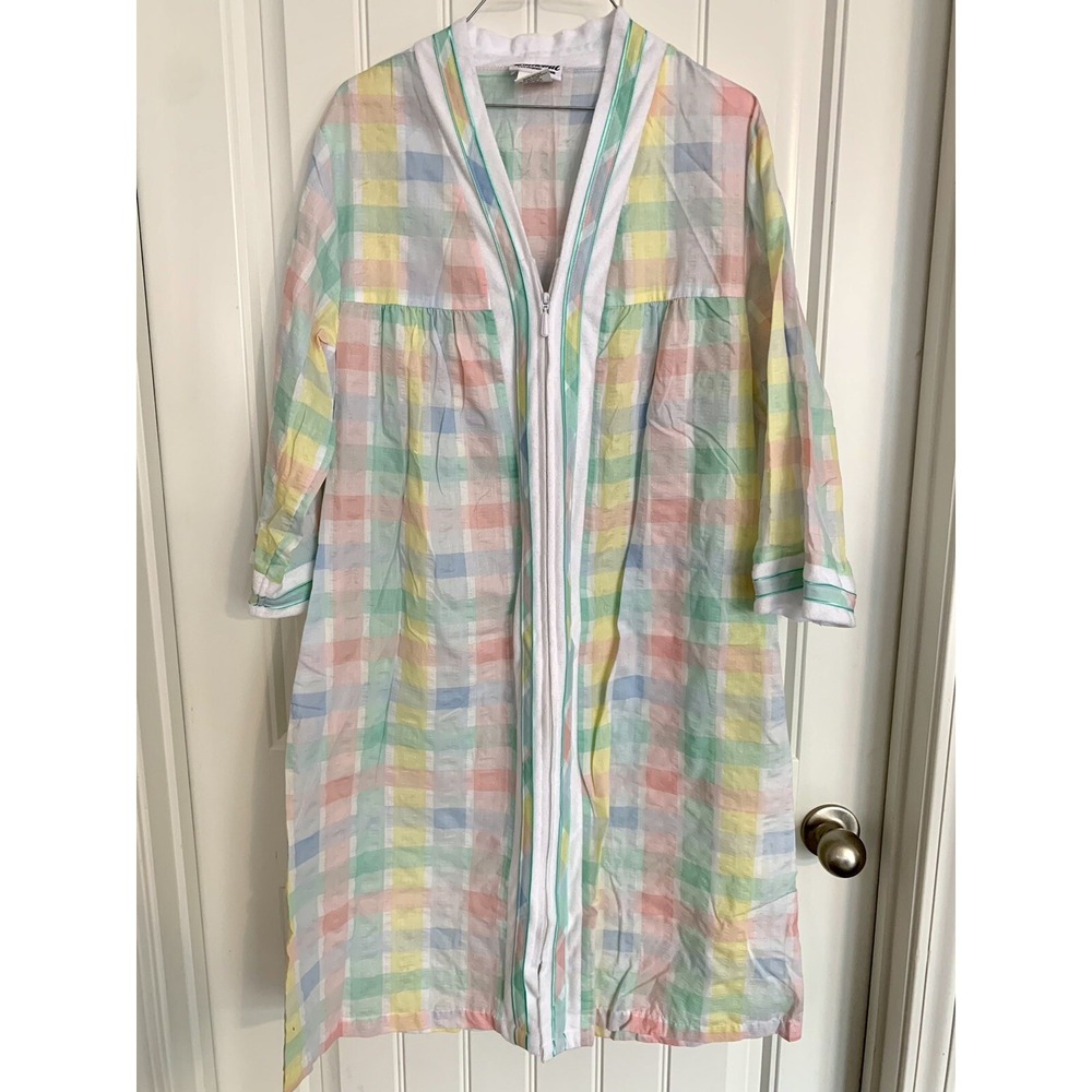 Vintage National Nightgown Small Pastel Plaid Zip Housecoat Short Sleeve 183